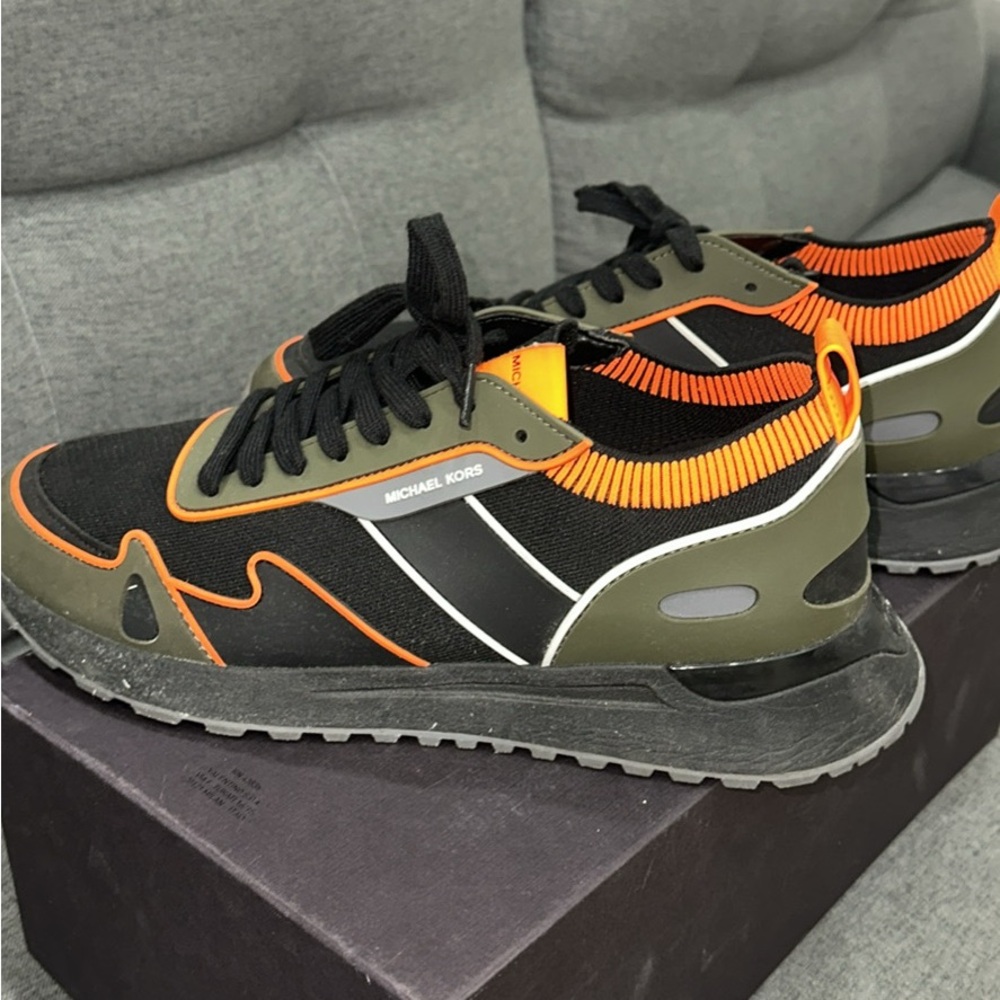 Michael Kors Men's Olive and Black Sneakers with Orange Accents